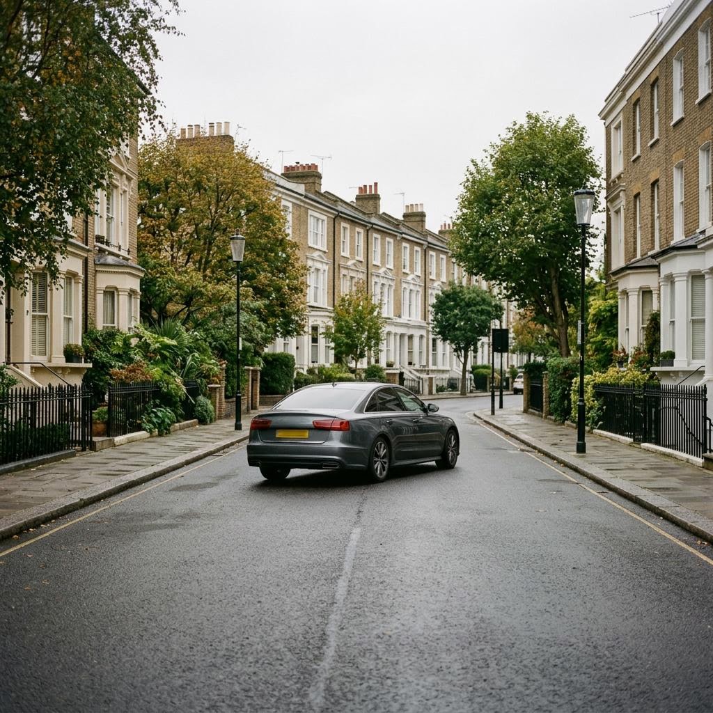 A car travelling through a London residential street